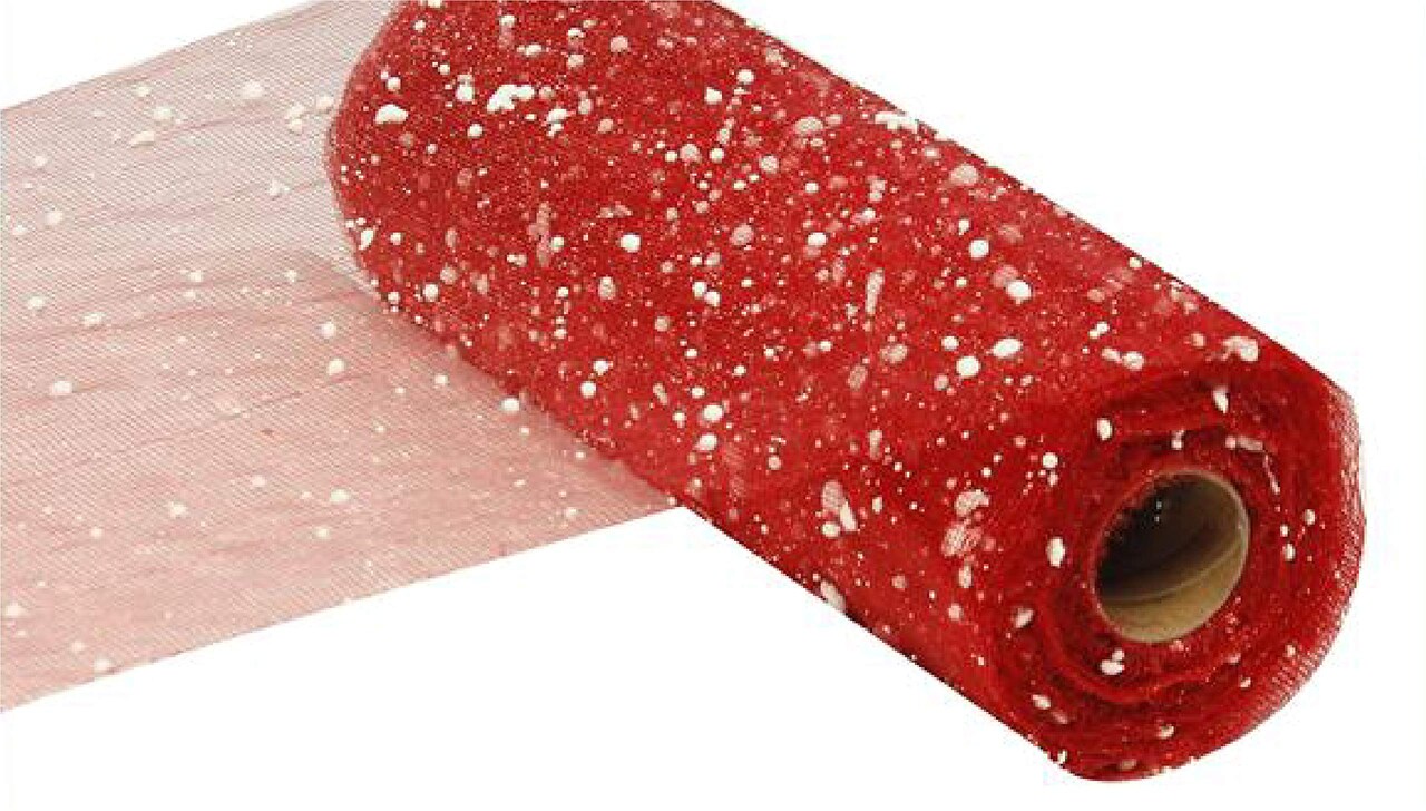 Deco Mesh: Red and White Snow Mesh 10" x 10 Yards – Decorative Flocked Christmas Mesh for Wreaths, Garlands, Swags, and Winter Crafts